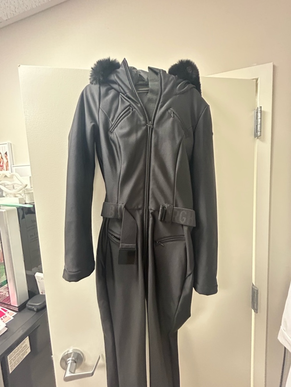 Goldbergh Black Hooded Trench Coat with Faux Fur Trim